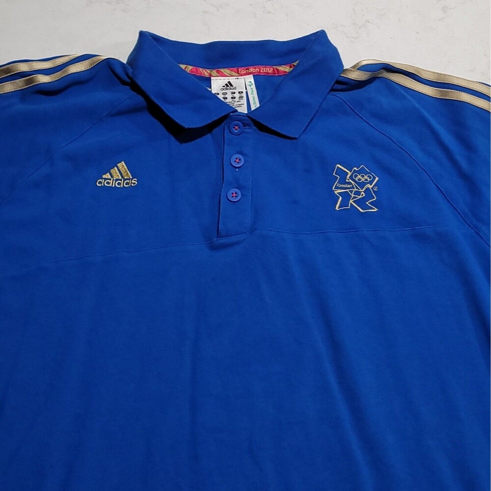 London 2012 Summer Olympic Games Adidas Golf Polo Blue w Gold Stripes 2XL EUC
